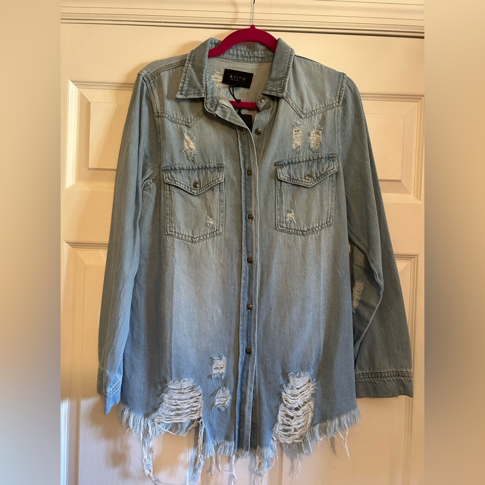 Distressed Light Denim Button-Down Shirt